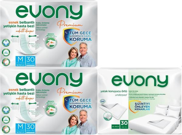 Evony Premium Hasta Bezi Yetişkin Bel Bantlı Tekstil Yüzey Orta 60 Adet+ Yatak Koruyucu Örtü 30 Adet - Image 1
