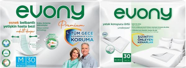 Evony Premium Hasta Bezi Yetişkin Bel Bantlı Tekstil Yüzey Orta 30 Adet+ Yatak Koruyucu Örtü 30 Adet - Image 1