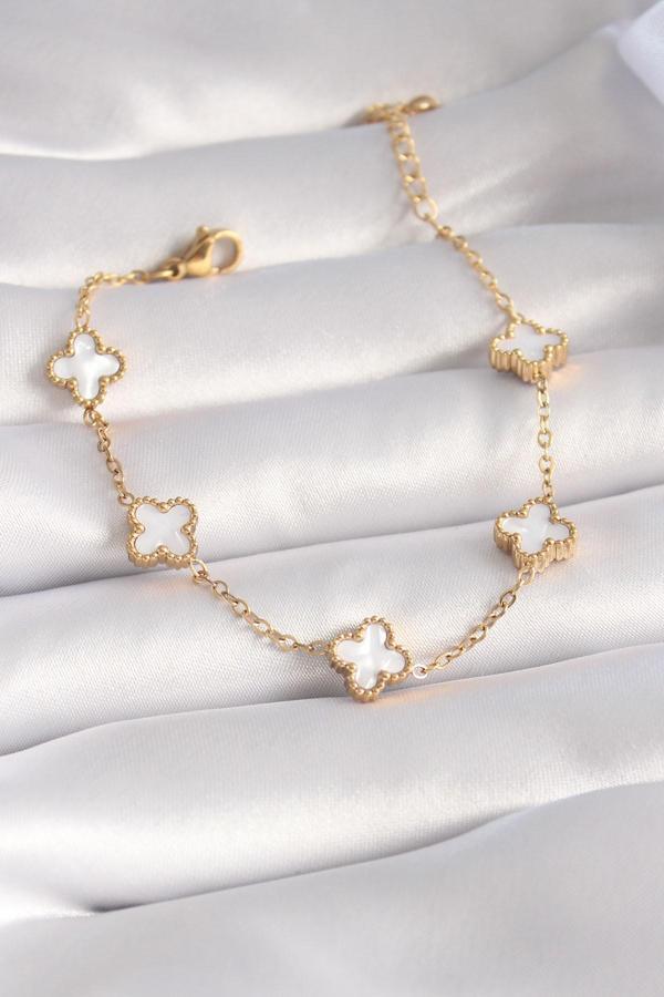 Celira 316L Çelik Gold Renk Beyaz Yonca Model Kadın Bileklik NELW0096 - Image 1