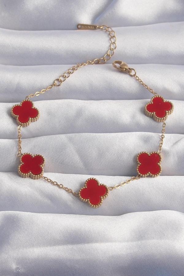 Celira 316L Çelik Gold Renk Kırmızı Mineli Yonca Bileklik NELW0098 - Image 1