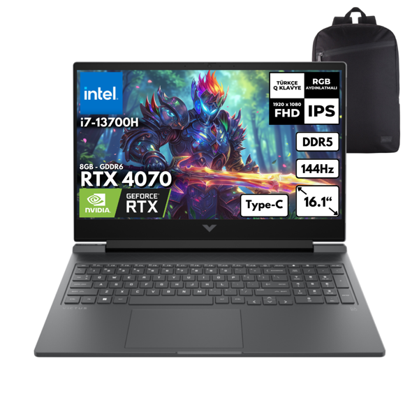HP Victus 16-R0071NT i7-13700H 40-GBDDR5 2 TBSSD RTX4070 (8GB) 16.1" FHD Freedos + HMF Sırt Çantası 8V898EAHMF10 - Image 1
