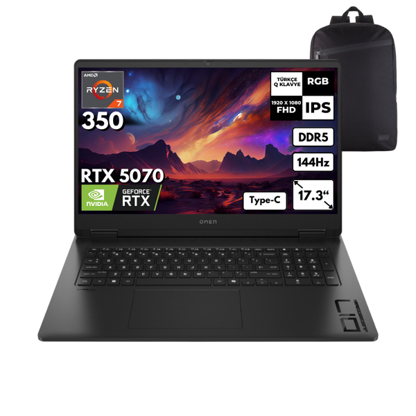 HP Omen 17-DB1005NT Ryzen AI 7-350 64GB5 4 TBSSD RTX5070 (8GB-GDDR7) 17.3" FHD 144Hz Win10 Home + Sırt Ç. C67G2EAHMF58 - Image 1