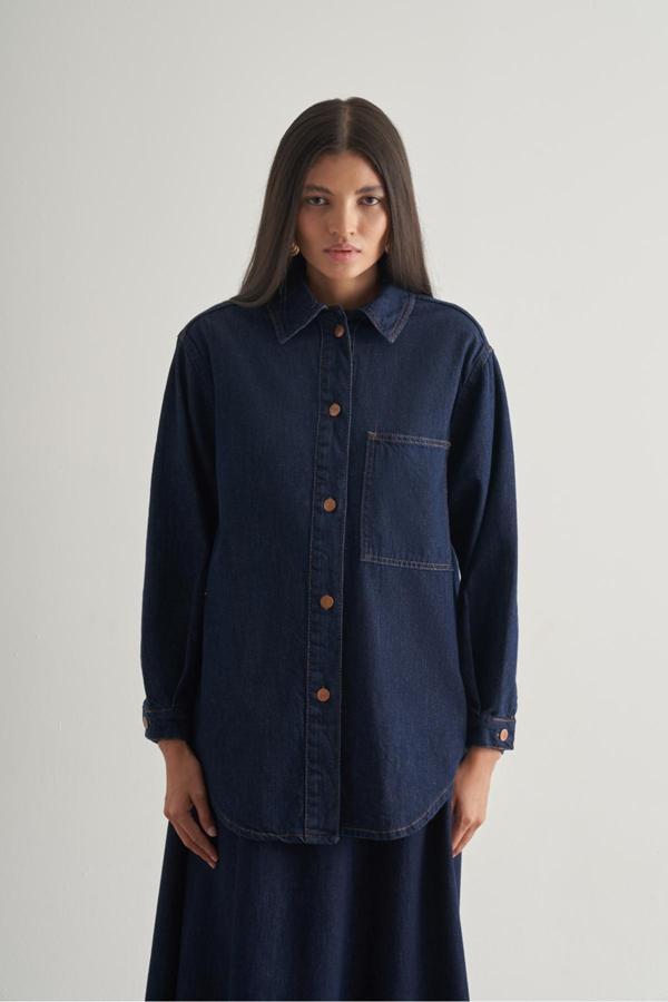 Mizalle Oversize Düğmeli Lacivert Denim Tunik - Image 1