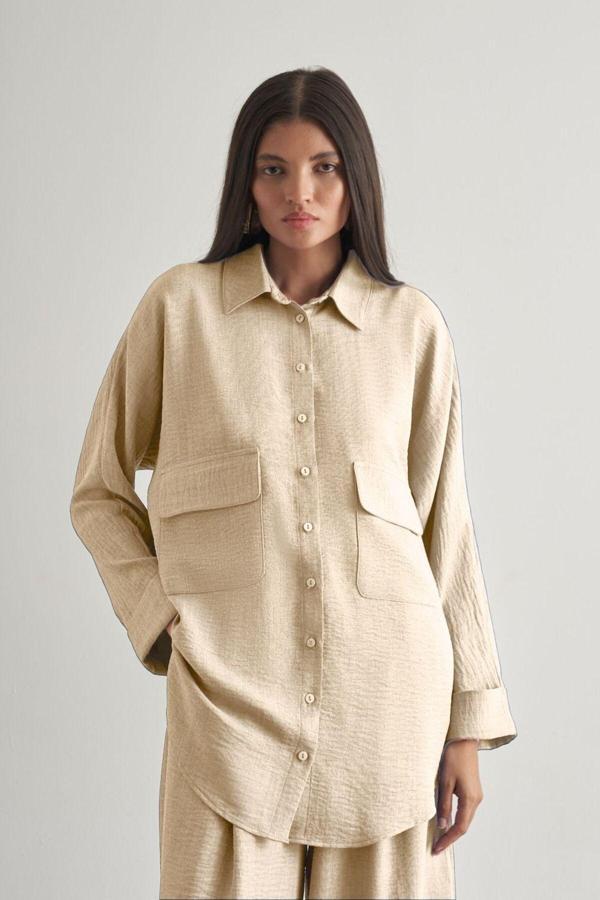 Mizalle Keten Dokulu Torba Cepli Bej Rengi Tunik - Image 1