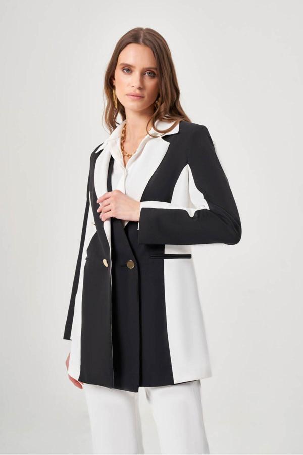 Mizalle Renk Bloklu Siyah/Beyaz Blazer Ceket - Image 1