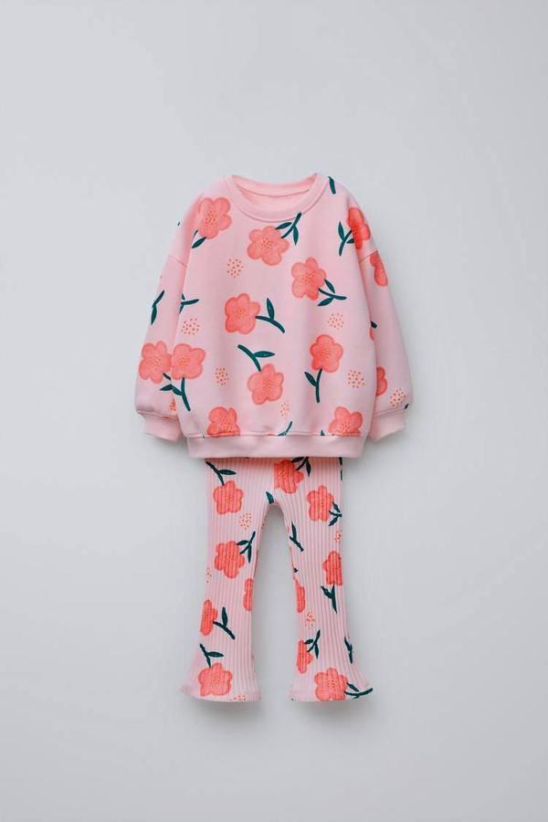 Çiçek Desenli Kız Çocuk Sweatshirt & Tayt Takımı – Pembe - Image 1