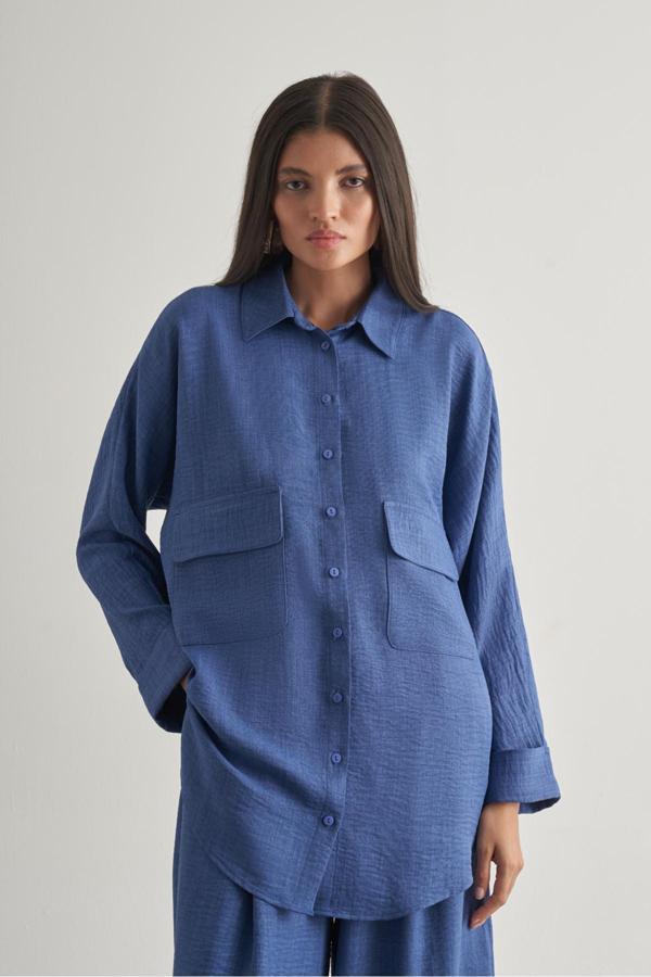 Mizalle Keten Dokulu Torba Cepli Indigo Mavi Tunik - Image 1