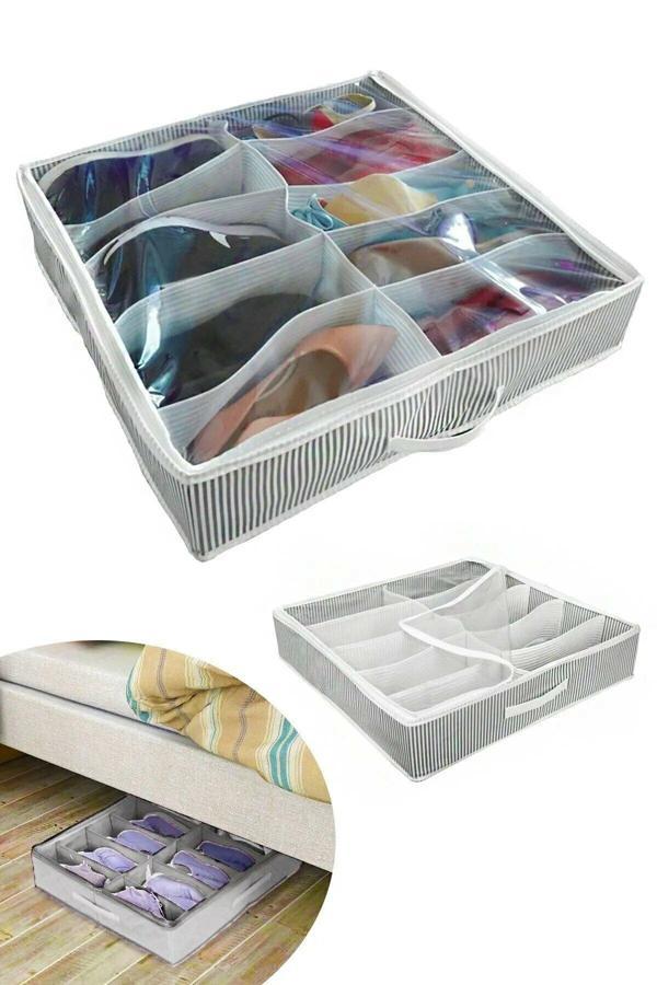 Ayakkabı Saklama Çantası 12 Bölmeli Shoes Under Ayakkabı Hurcu - Siyah Beyaz - Image 1