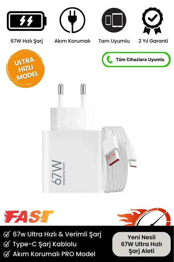 Premium 67W Ultra Hızlı Şarj Seti Adaptör + Type C Kablosu Tüm Telefonlara Uyumlu Şarj Cihazı - Image 1