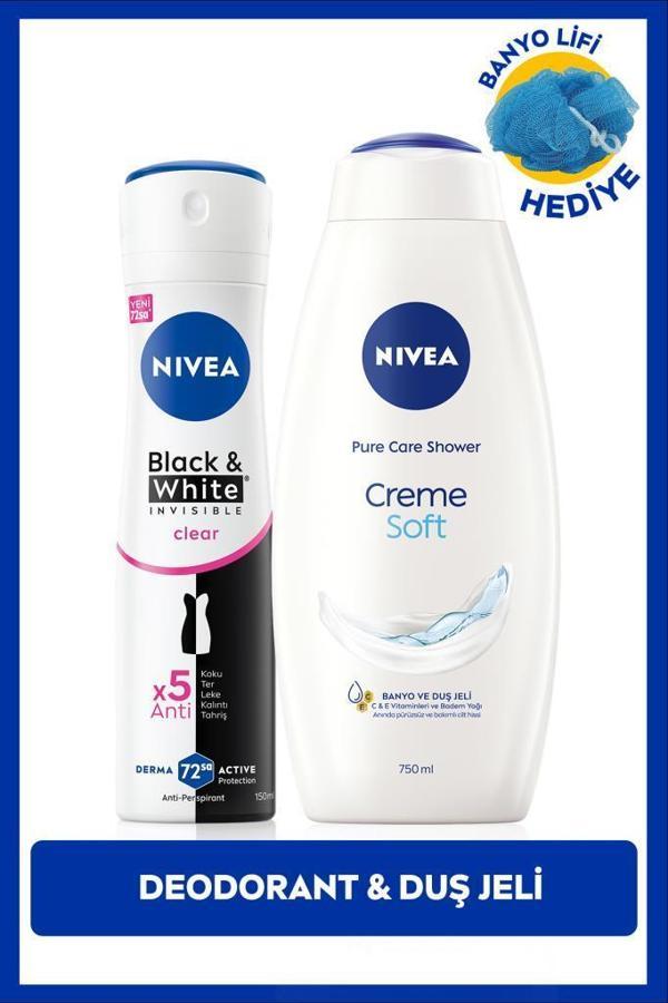 Kadın Sprey Deodorant Black&White Invisible Clear 150ml ve Creme Soft Duş Jeli 750ml, Lif Hediyeli - Image 1