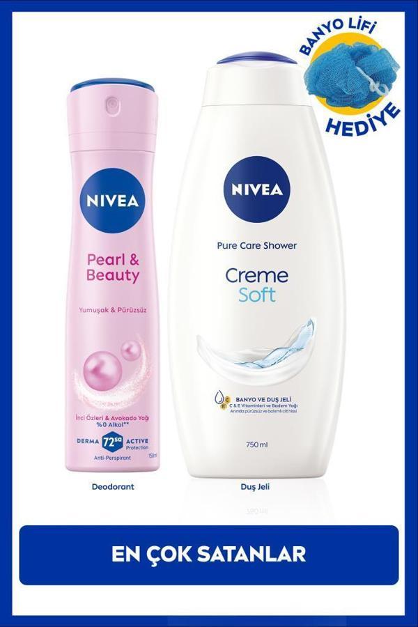 Kadın Sprey Deodorant Pearl&Beauty 150ml ve Creme Soft Kremsi Dokunuş Duş Jeli 750ml, Lif Hediyeli - Image 1