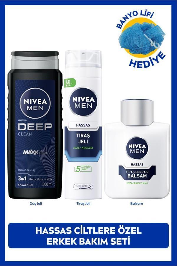 MEN Erkek Deep Dimension Duş Jeli 500ml, Hassas Tıraş Jeli ve Tıraş Sonrası Balsam 100ml, Lif Hediye - Image 1