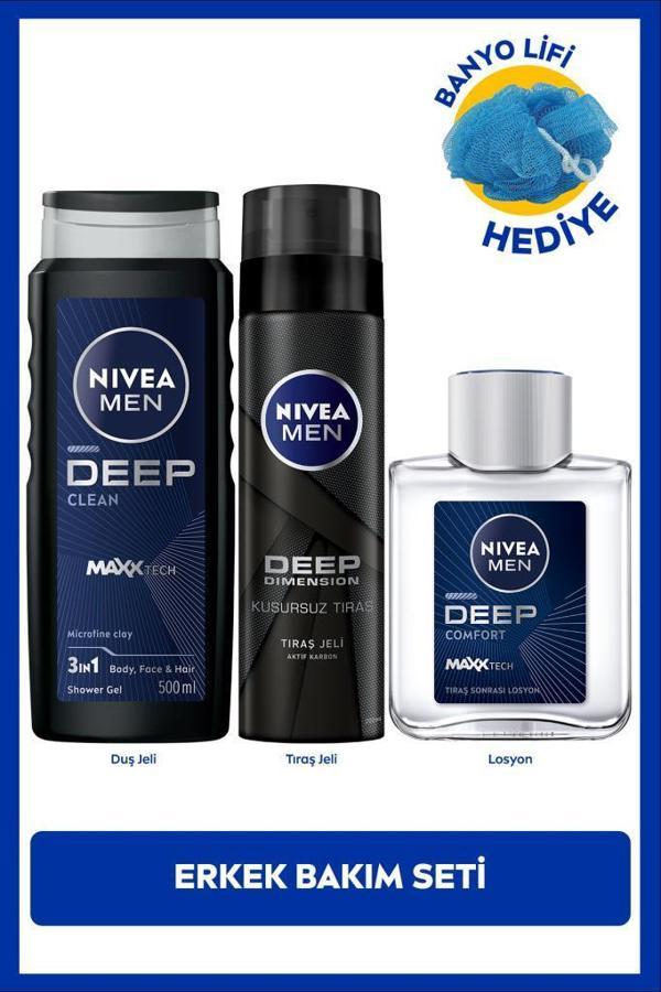 MEN Erkek Deep Dimension Duş Jeli 500ml, Tıraş Jeli 200ml ve Tıraş Sonrası Losyon 100ml, Lif Hediye - Image 1