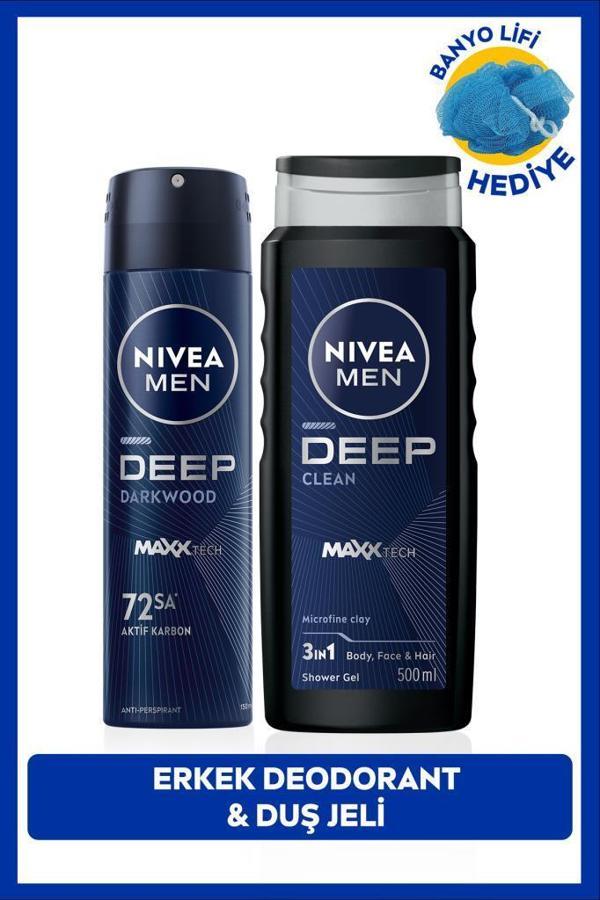 MEN Erkek Sprey Deodorant Deep Dimension 150ml ve Deep Dimension Duş Jeli 500ml, Banyo Lifi Hediyeli - Image 1