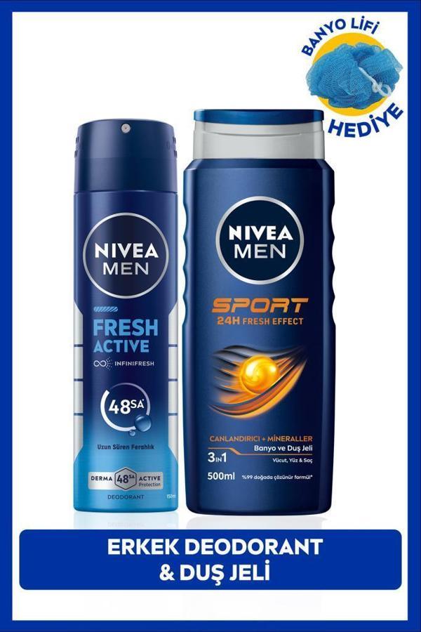 MEN Erkek Sprey Deodorant Fresh Active 150ml ve Sport Duş Jeli 500ml, Banyo Lifi Hediyeli, Pudrasız - Image 1