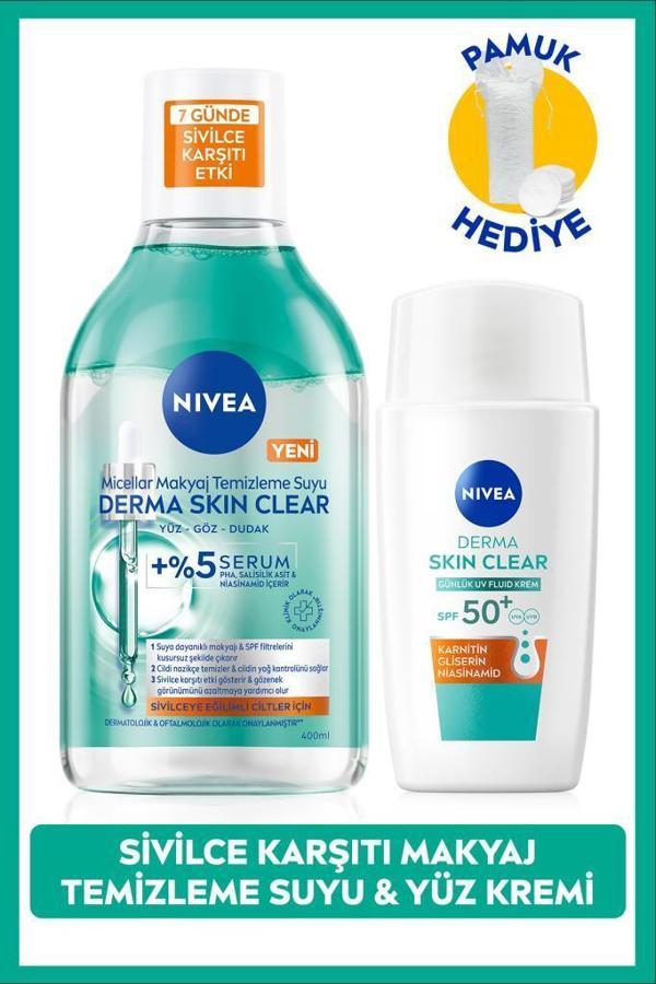 SPF50 Derma Skin Clear Sivilce Karşıtı Güneş Koruyucu Krem40ml ve Makyaj Temizleme Suyu,Pamuk Hediye - Image 1