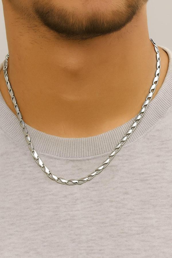 Gümüş Renk Kesik Arpa Unisex Çelik Kolye - 3350 - Image 1