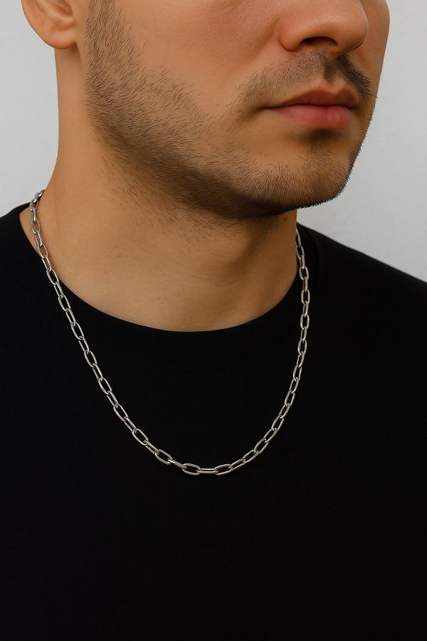 Gümüş Renk Oval Dikdörtgen Unisex Çelik Kolye - 3358 - Image 1