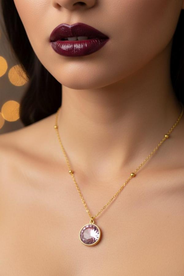 Altın Renk Pembe Taş Yuvarlak Model Top Zincir Çelik Kolye - 3756 - Image 1