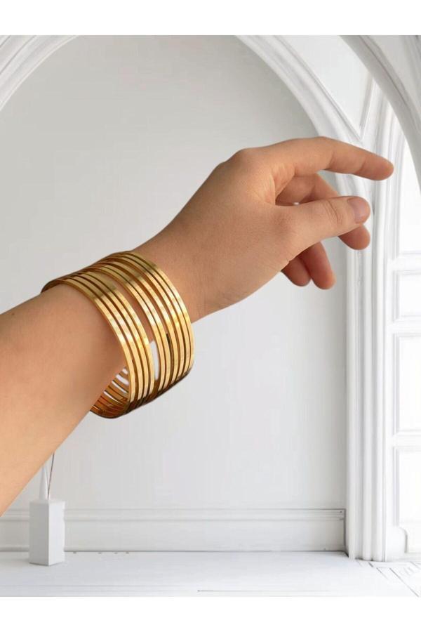 22 Ayar Altın Kaplama 10 Lu Kibrit Çöpü İnce Ajda Bilezik Seti 22 Cm. - 3155-10 - Image 1