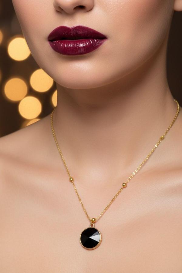 Altın Renk Siyah Taş Yuvarlak Model Top Zincir Çelik Kolye - 3757 - Image 1