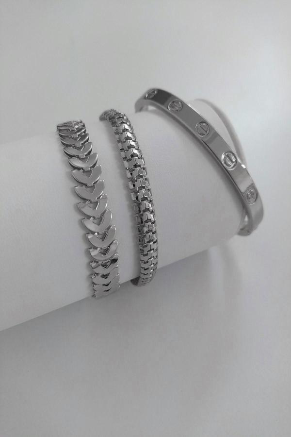 Kadın Gümüş  Renk Kılçık Model Tırtıl Model Düz Kartier Model  Kararmaz Kombin Bileklik  - 955 - Image 1