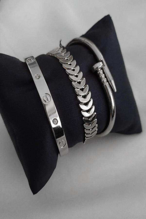 Kombin Kadın Gümüş Kaplama Taşlı Kartier Model Kılçık Ve Çivi Model Kombin Bileklik - 958 - Image 1