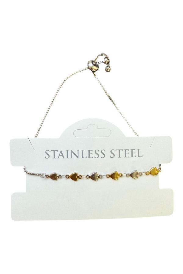 Gümüş Renk Kalp Sarı Beyaz Zincir Asansör Çelik Bileklik - 3586 - Image 1