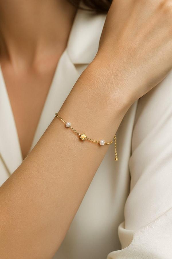 Altın Renk Yıldız İnci Asansör Çelik Bileklik - 3594 - Image 1
