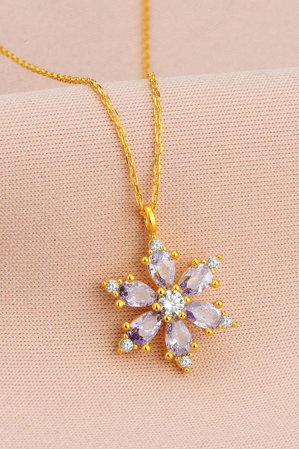 Altın Renk Lila Damla Taşlı Lotus Kamelya Çiçeği Çelik Kolye - 3415 - Image 1