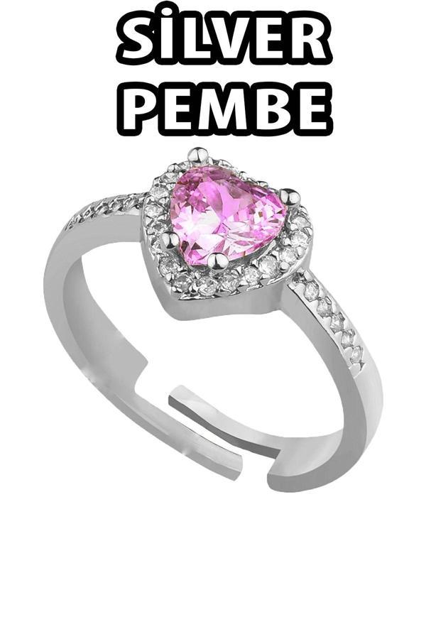 Gümüş Renk Pembe Taş Kalp Şekil Lovely  Zirkon Pandora Yüzük Ayarlanabilir Her Parmağa Olur  - 2979 - Image 1