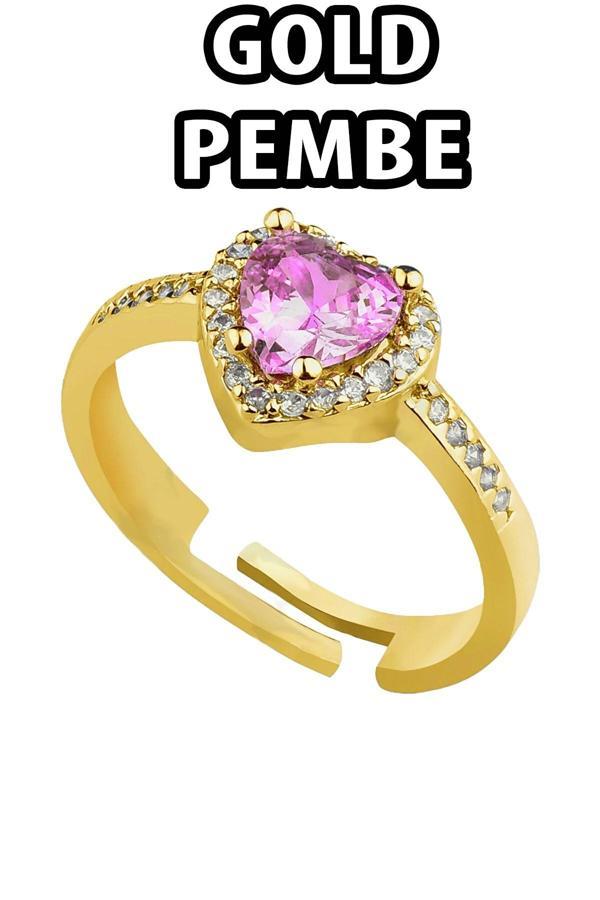 Altın Renk Pembe Taş Kalp Şekil Lovely  Zirkon Pandora Yüzük Ayarlanabilir Her Parmağa Olur  - 2980 - Image 1