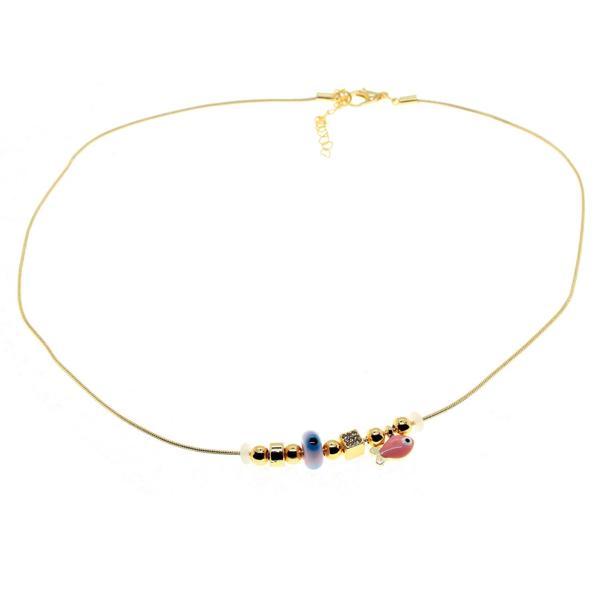 Altın Renk Pembe Mineli Balık Pandora Model Zirkon Kolye  - 2984 - Image 1