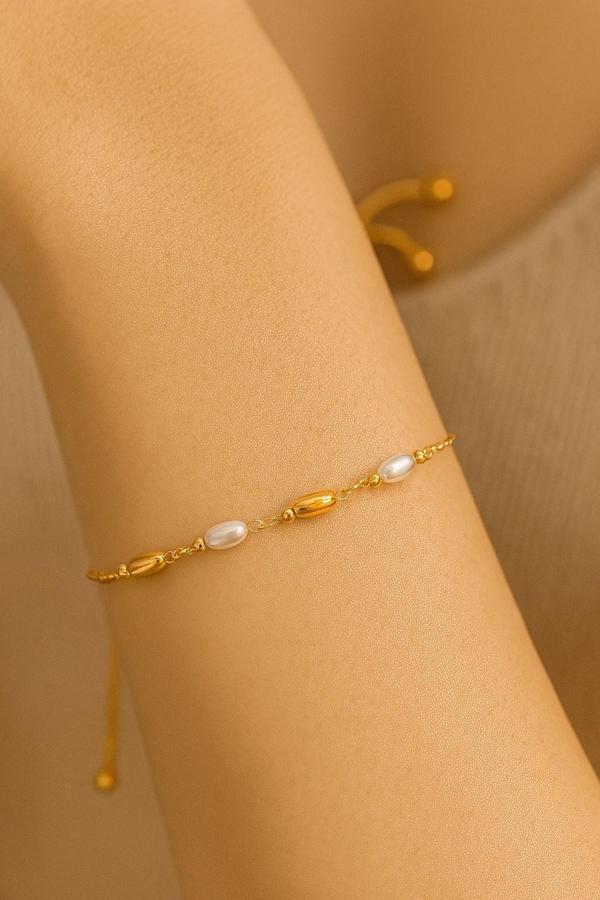 Altın Renk Silindir İnci Sarı Metal Asansör Çelik Bileklik - 3610 - Image 1