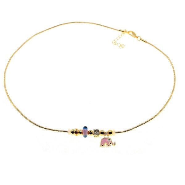 Altın Renk Pembe Mineli Fil Pandora Model Zirkon Kolye  - 3002 - Image 1