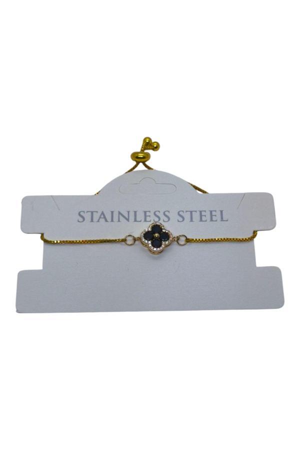 Altın Renk Siyah Taş Van Cleff Yonca Asansör Çelik Bileklik - 3625 - Image 1