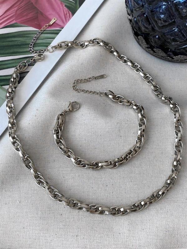 Gümüş Renk Çelik İç İçe Geçmeli Halat Unisex Kararmaz Kolye Ve Bileklik Çelik Set - 3214 - Image 1