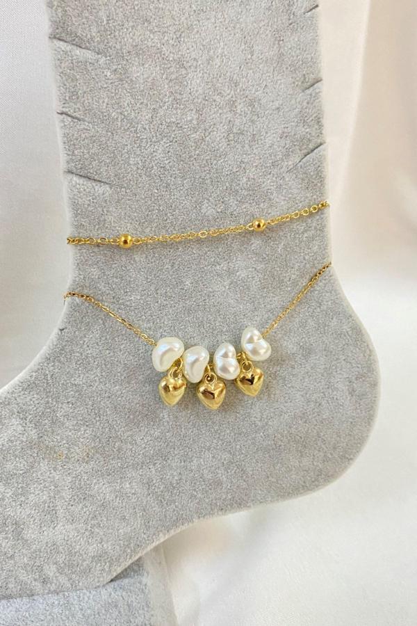 Altın Renk Kalp Barok Model Top Ve Sf Zincir Çelik Halhal - 3228 - Image 1