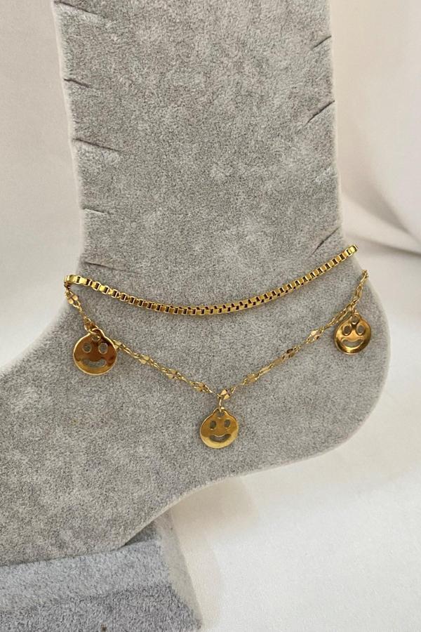 Altın Renk Gülen Surat Model Asansör Ve Singapur Zincir Çelik Halhal - 3234 - Image 1