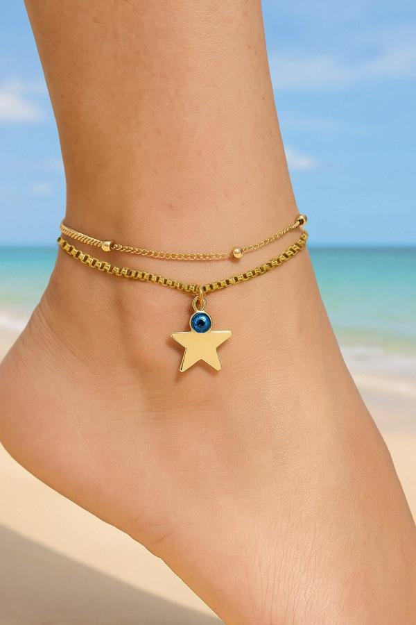 Altın Renk Asansör Top Büyük Yıldız Nazar Göz Çelik Halhal - 3473 - Image 1