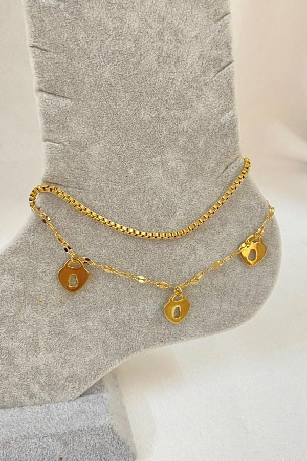 Altın Renk Anahtar Deliği Kalp Model Asansör Ve Singapur Zincir Çelik Halhal - 3235 - Image 1