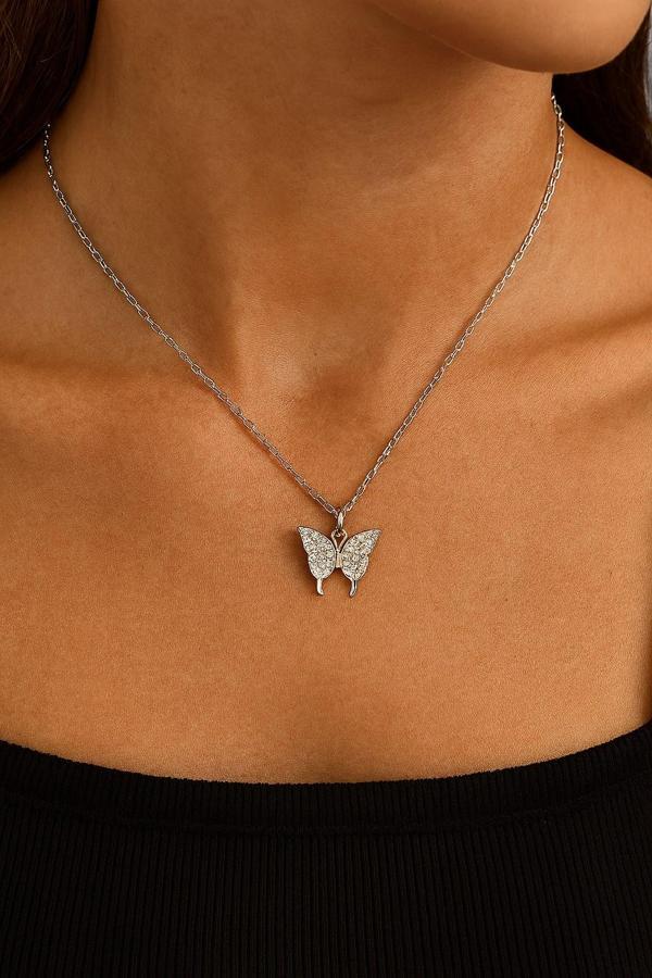 Gümüş Renk Kelebek Sf Zincir Çelik Kolye - 3663 - Image 1
