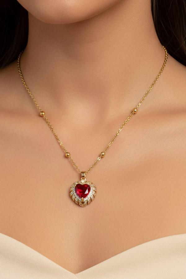 Altın Renk Kırmızı Kalp Model Top Zincir Çelik Kolye - 3685 - Image 1