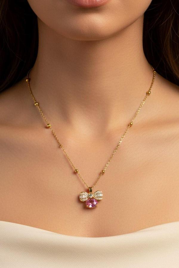 Altın Renk Pembe Fiyonk Model Top Zincir Çelik Kolye - 3691 - Image 1