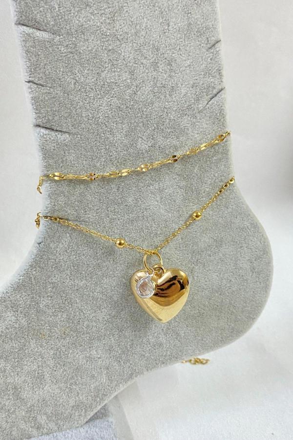 Altın Renk Kalp Zirkon Model Singapur Ve Top Zincir Çelik Halhal - 3249 - Image 1