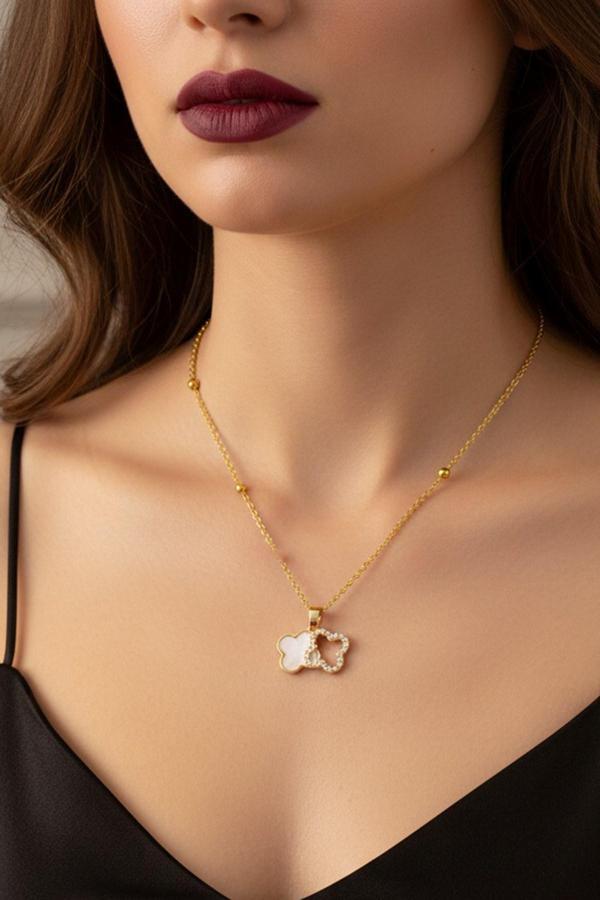 Altın Renk Beyaz Mineli Van Cleef Yonca Model Top Zincir Çelik Kolye- 3708 - Image 1