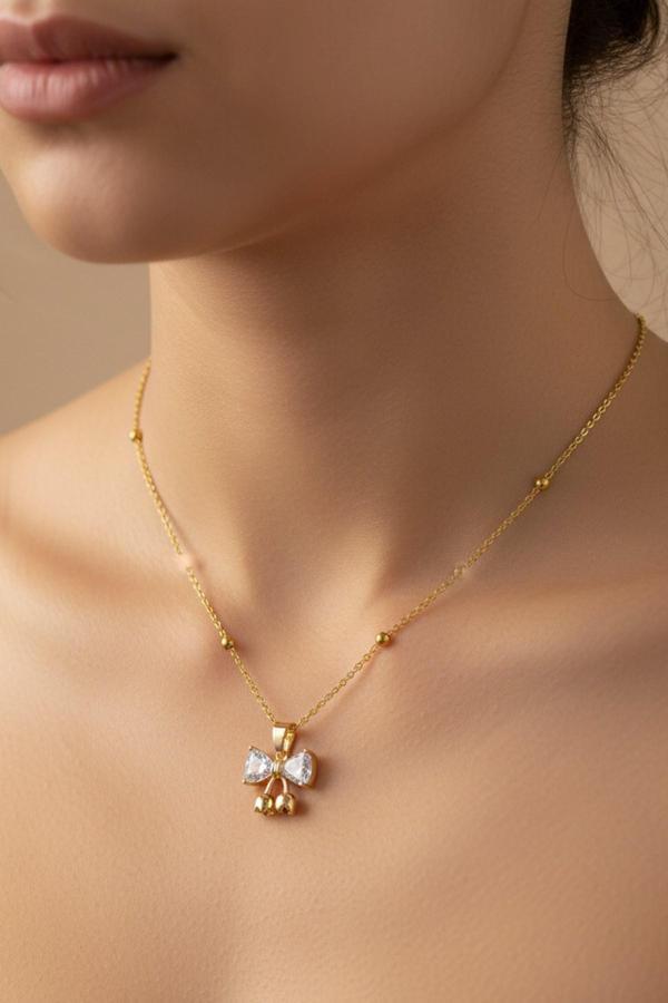 Altın Renk Kalp Fiyonk Model Top Zincir Çelik Kolye- 3710 - Image 1