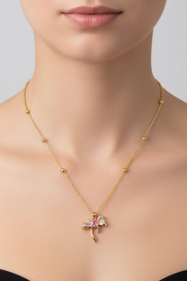 Altın Renk Pembe Taş Fiyonk  Model Top Zincir Çelik Kolye- 3714 - Image 1