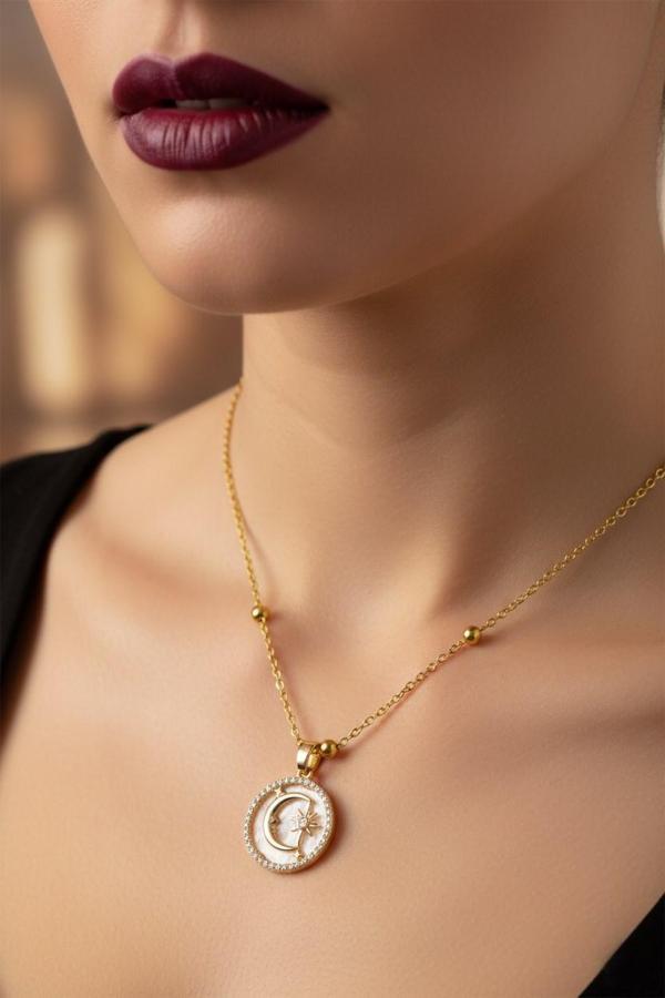 Altın Renk Beyaz Mineli Ay Yıldız Model Top Zincir Çelik Kolye- 3720 - Image 1