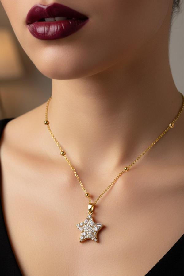 Altın Renk Yıldız Model Top Zincir Çelik Kolye - 3722 - Image 1